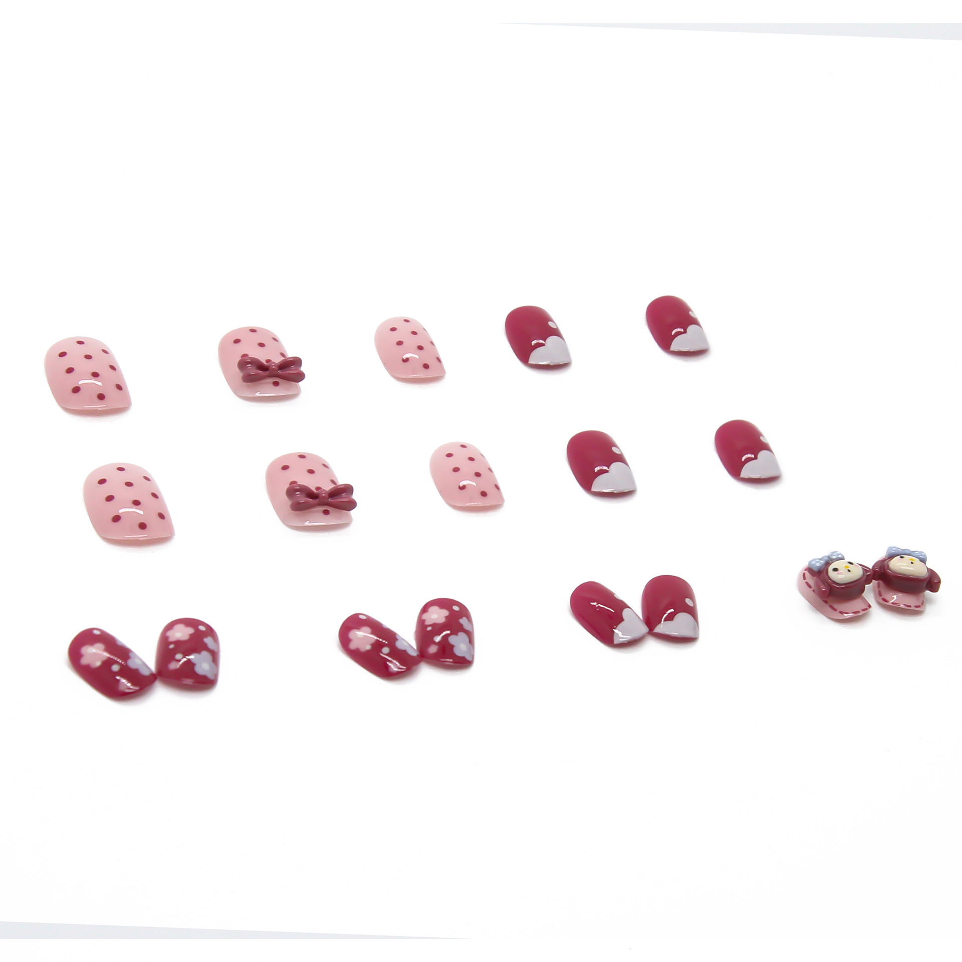 Fake nails detachable manicure finished polka dot fawn short red bow waterproof nail