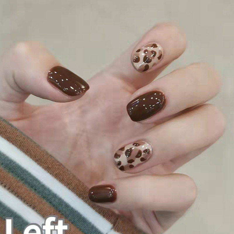 Short brown leopard print high-quality fake nails removable nail stickers