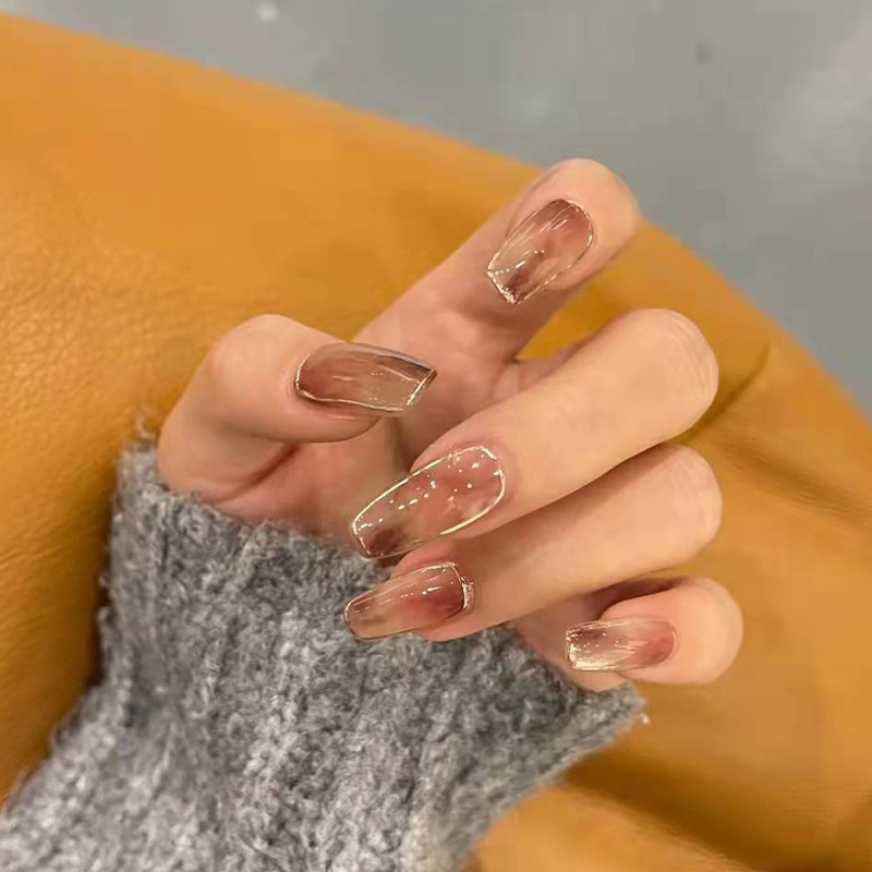 Nail Art Wearable Fake Nails Smudged Amber Gentle Removable Nail Patches