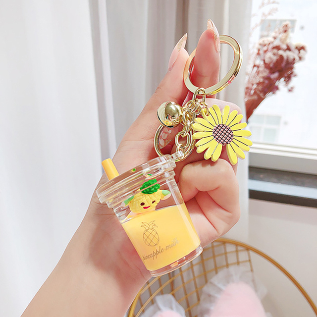 Cartoon Fruit Daisy Keychain Acrylic Moving Liquid Quicksand Drift Bottle Keyring for Women Couple Bag Charm Key Chains