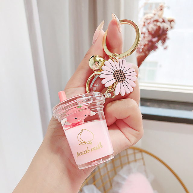 Cartoon Fruit Daisy Keychain Acrylic Moving Liquid Quicksand Drift Bottle Keyring for Women Couple Bag Charm Key Chains
