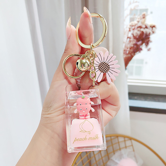 Cartoon Fruit Daisy Keychain Acrylic Moving Liquid Quicksand Drift Bottle Keyring for Women Couple Bag Charm Key Chains