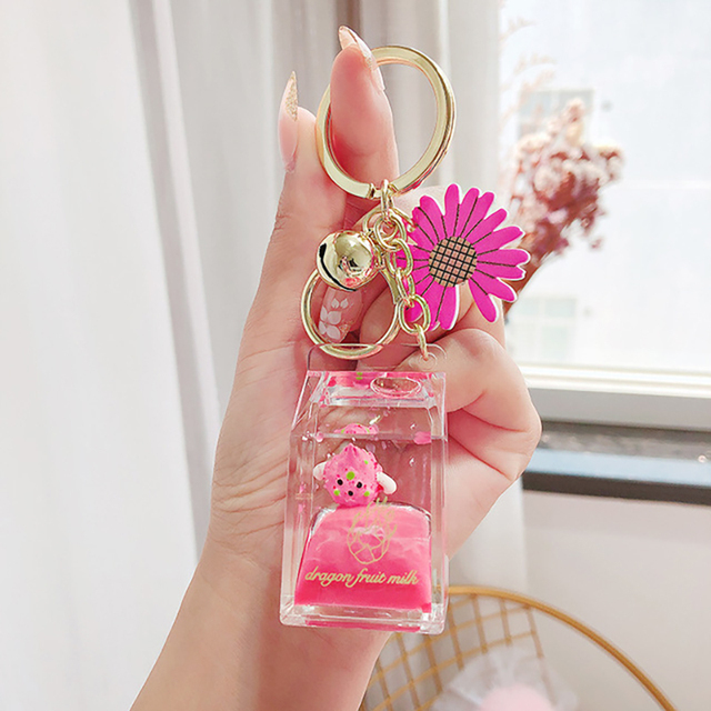 Cartoon Fruit Daisy Keychain Acrylic Moving Liquid Quicksand Drift Bottle Keyring for Women Couple Bag Charm Key Chains