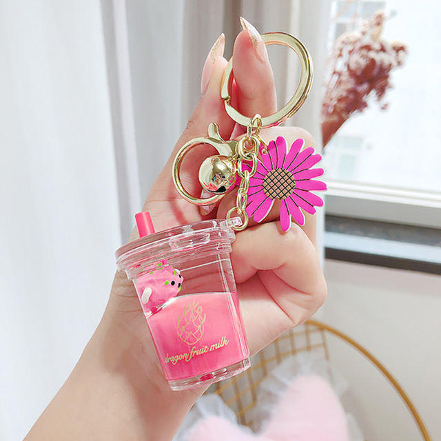 Cartoon Fruit Daisy Keychain Acrylic Moving Liquid Quicksand Drift Bottle Keyring for Women Couple Bag Charm Key Chains