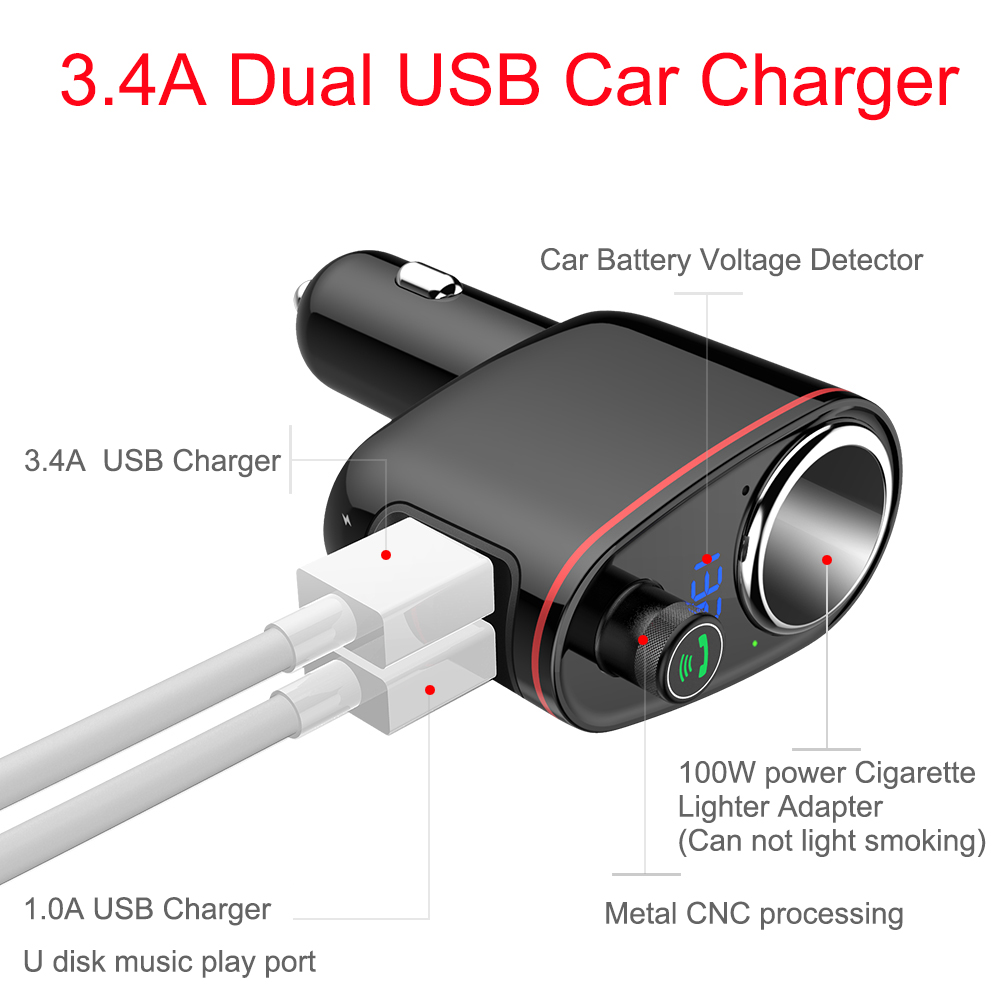 Bluetooth FM Transmitter Car Music MP3 Player Hands Free Car Kit Cigarette Lighter Power Adapter Splitter USB Charger