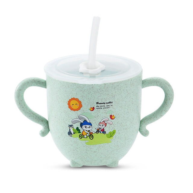 Baby learning water cup, with double handles and lid, leak-proof baby water cup bottle with straws, children training cup