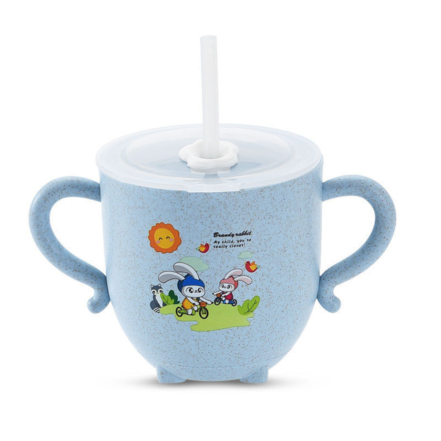Baby learning water cup, with double handles and lid, leak-proof baby water cup bottle with straws, children training cup
