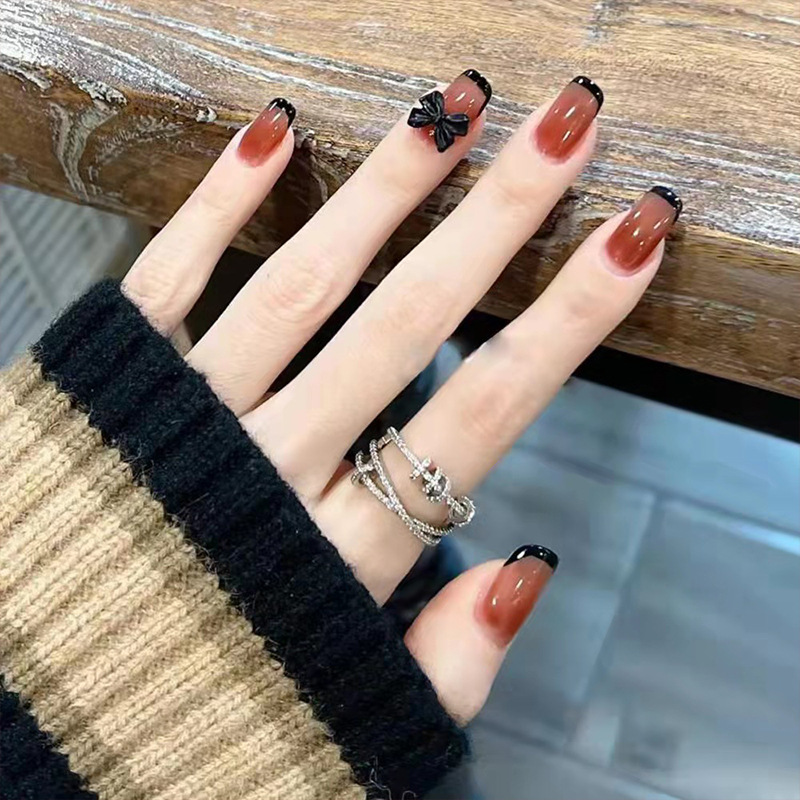 Nail Patch Wearing A Black French Bow Short Finished Nail Sticker