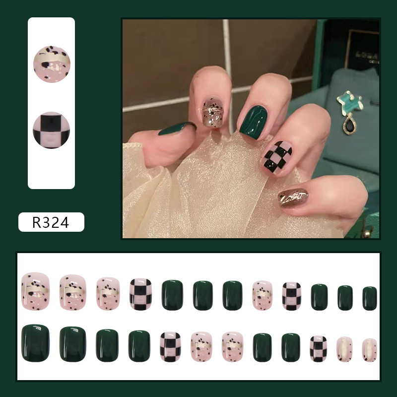 Nail patch ultra-thin short nail patch dark green checkerboard manicure wearable nail