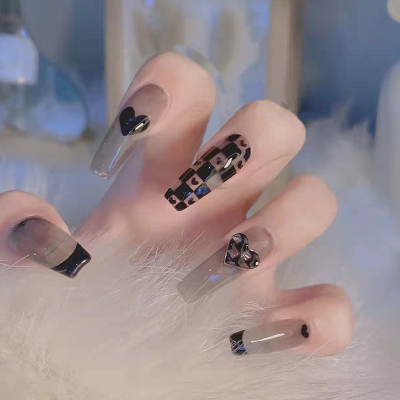 Long Detachable Black Checkerboard Love Fake Nail Manicure Nail Patch Finished Nail