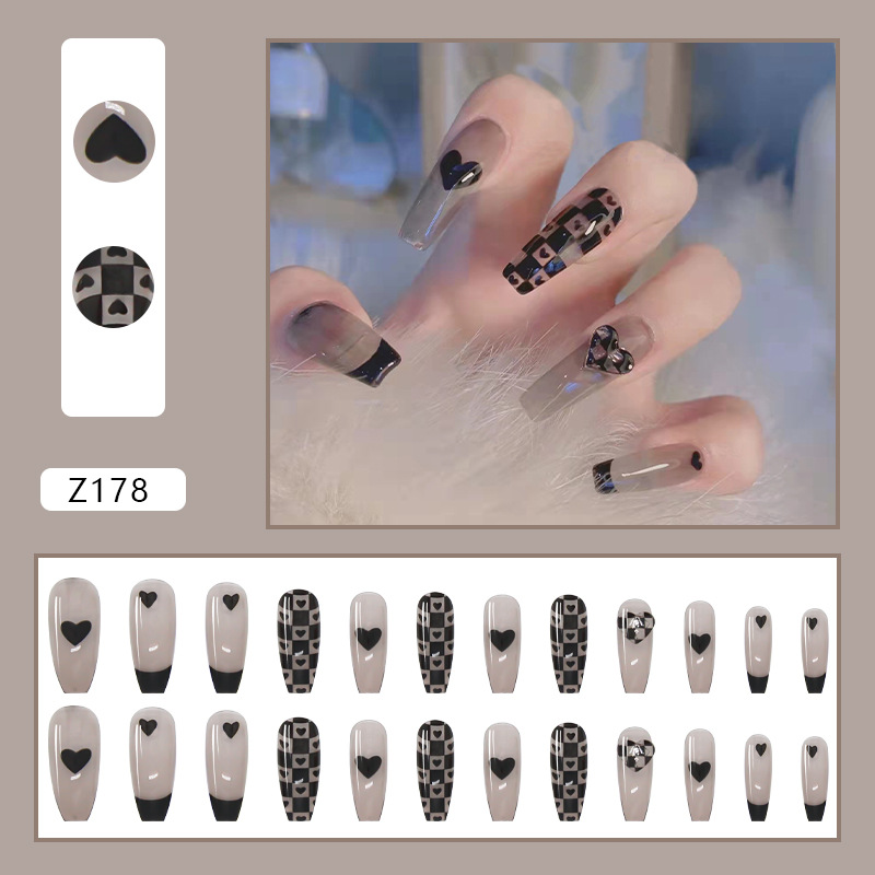Long Detachable Black Checkerboard Love Fake Nail Manicure Nail Patch Finished Nail