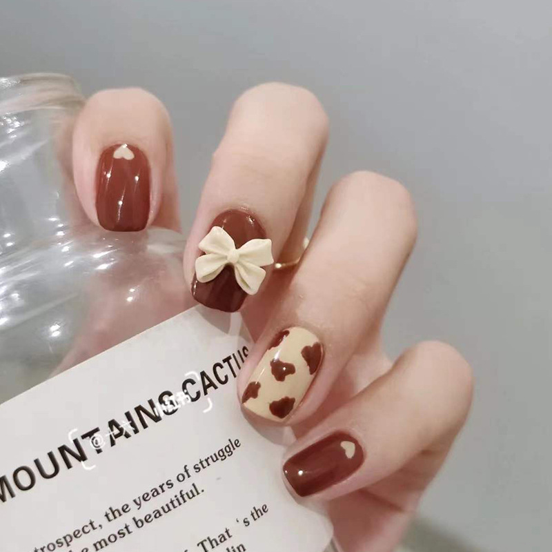 Nail Art Wearable Nail Patch Fake Nail Finished Removable Brown Cow Pattern