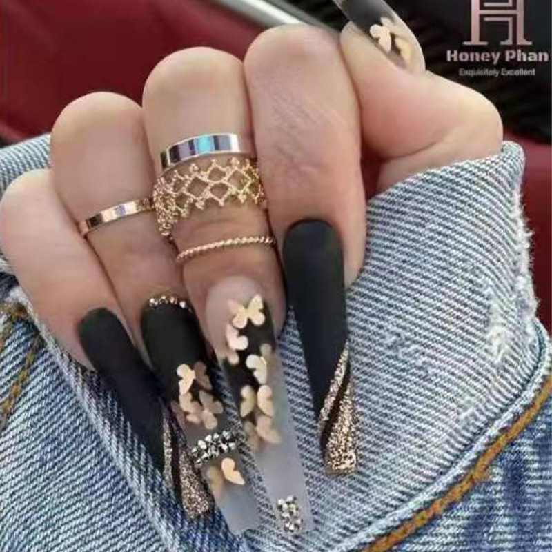 Long Ballet Nail Gold Butterfly Diamond Fake Nail Nail Sticker Finished Removable Nail Piece