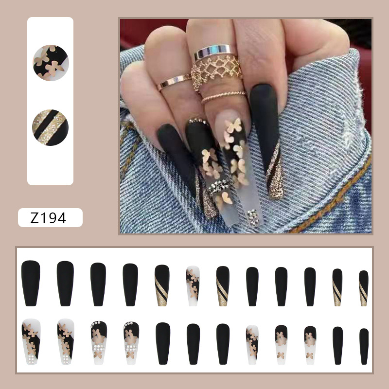 Long Ballet Nail Gold Butterfly Diamond Fake Nail Nail Sticker Finished Removable Nail Piece