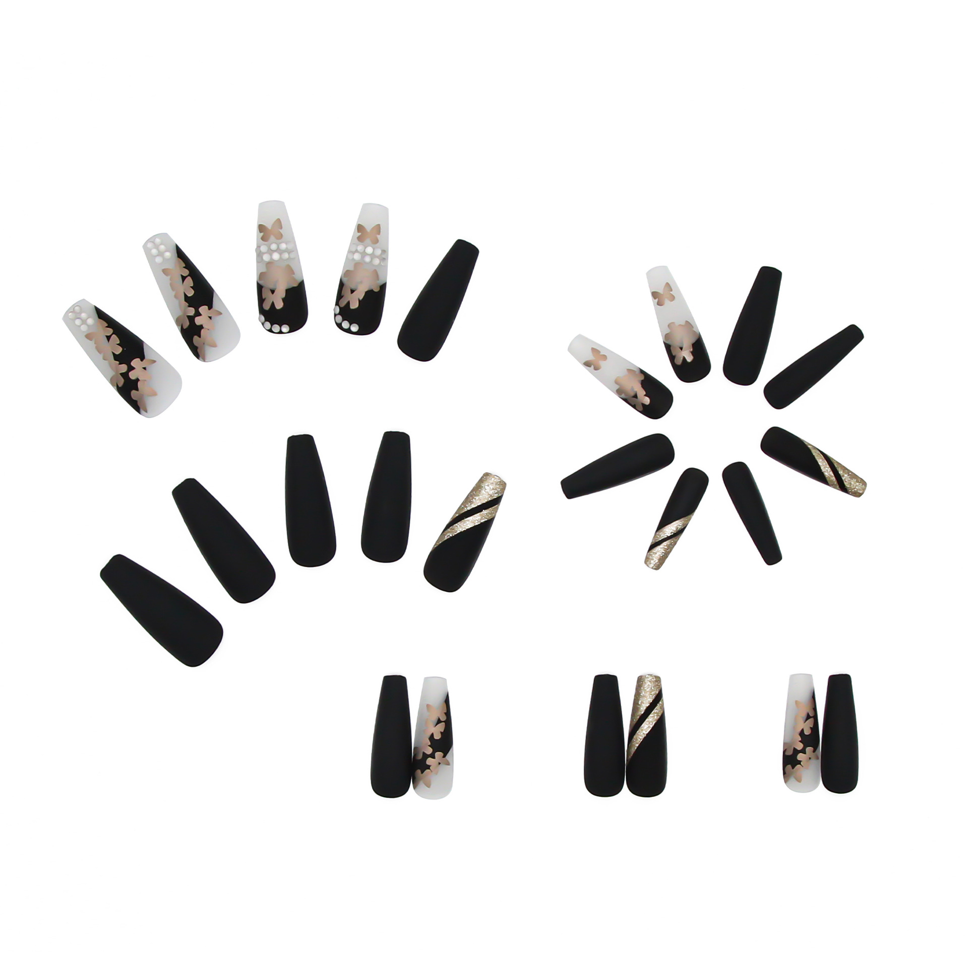 Long Ballet Nail Gold Butterfly Diamond Fake Nail Nail Sticker Finished Removable Nail Piece