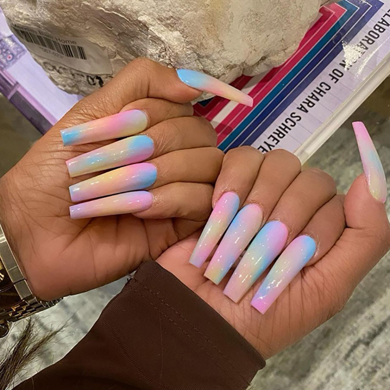 Long Ballet Nail Rainbow Fake Nail Nail Finished Patches 24 Pieces