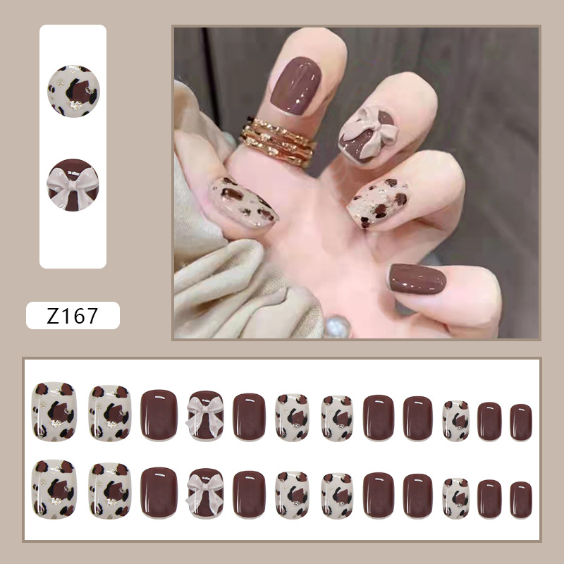Brown Leopard Print Wearing A Fake Nail Bow Removable Short Finished Product