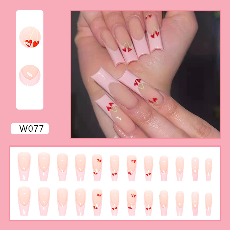 Pink Love Cherry Pattern Novel Long Nail Finished Removable Nail Stickers Fake Nails