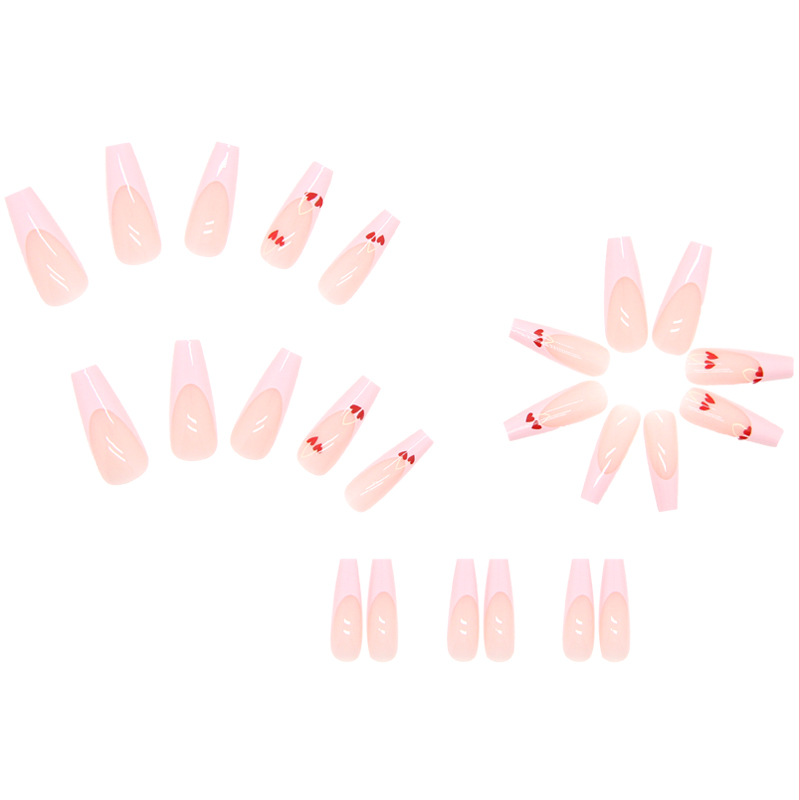 Pink Love Cherry Pattern Novel Long Nail Finished Removable Nail Stickers Fake Nails