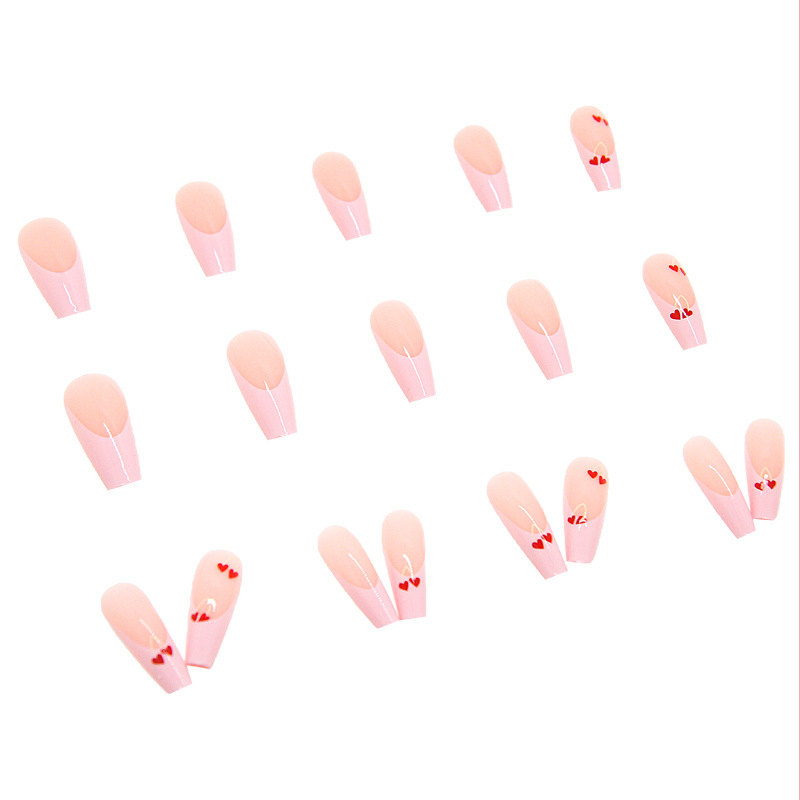 Pink Love Cherry Pattern Novel Long Nail Finished Removable Nail Stickers Fake Nails