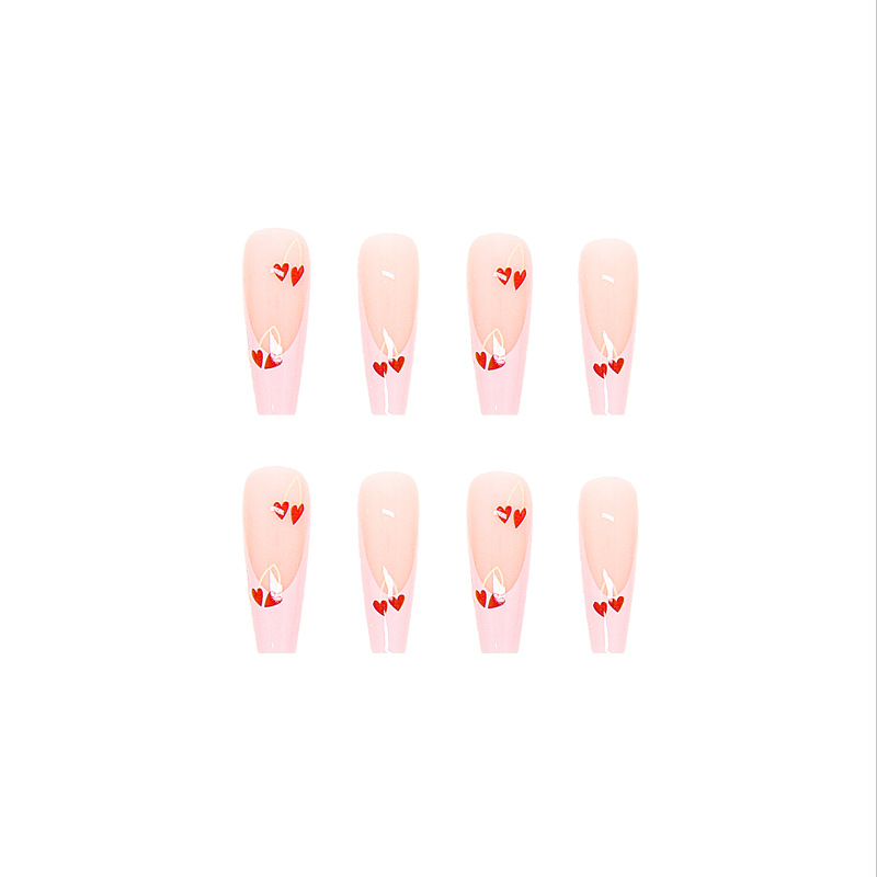 Pink Love Cherry Pattern Novel Long Nail Finished Removable Nail Stickers Fake Nails
