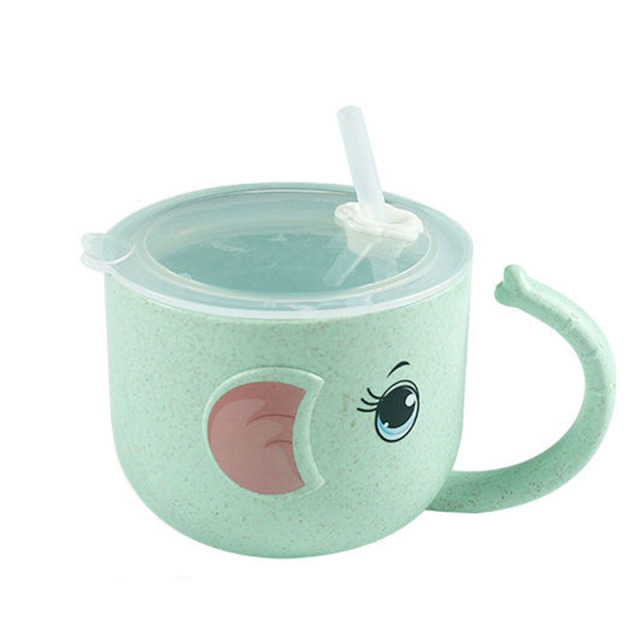 Baby Feeding Bottle Kids Cup Silicone Sippy Children Leakproof Drinking Cups Cartoon Infant Straw Handle Wheat-Straw