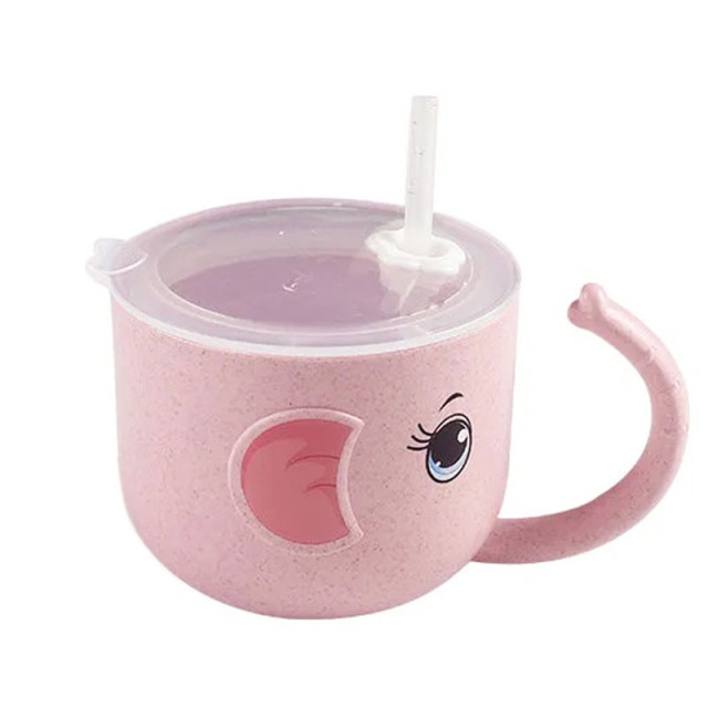 Baby Feeding Bottle Kids Cup Silicone Sippy Children Leakproof Drinking Cups Cartoon Infant Straw Handle Wheat-Straw