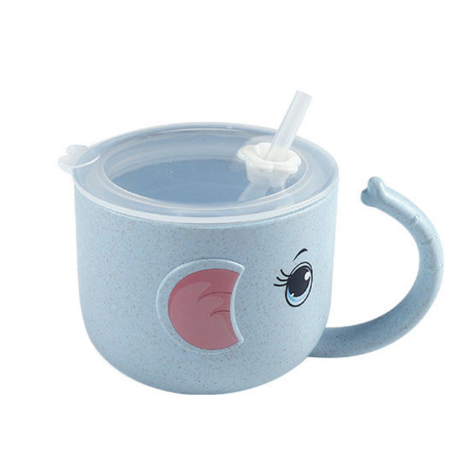 Baby Feeding Bottle Kids Cup Silicone Sippy Children Leakproof Drinking Cups Cartoon Infant Straw Handle Wheat-Straw
