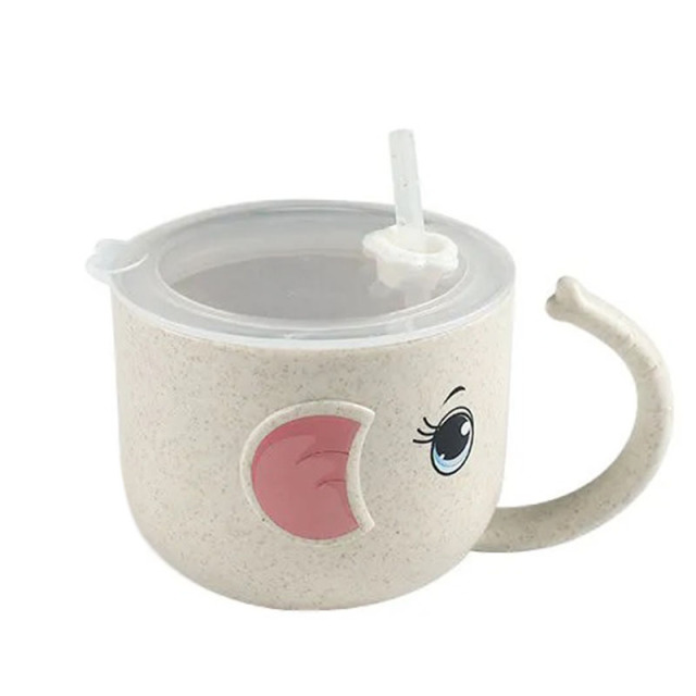 Baby Feeding Bottle Kids Cup Silicone Sippy Children Leakproof Drinking Cups Cartoon Infant Straw Handle Wheat-Straw