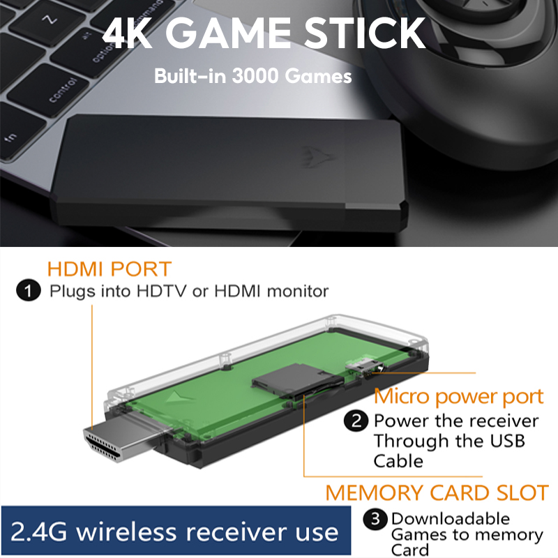Retro Game Stick 4K Family Video Game Console With 2.4G Wireless Controller Gamepad Built-in Games For Children