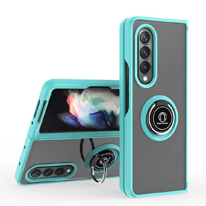 Fashion Matte Case for Samsung Galaxy Z Fold 3，Z Fold 4 Transparent Silicone+PC Metal Ring Stand Shockproof Phone Back Cover Z Fold4,Z Fold3