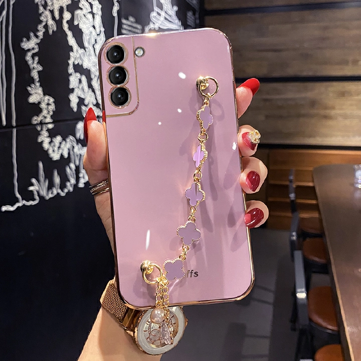 Phone Case for Samsung S23 S22 Ultra S21 Plus S20 FE S10 Note 20 Ultra 10 Plus A52 A72 A32 A22 A12 A03S Electroplating Soft Silica Gel Four-Leaf Clover Hand Chain Anti Fall Protective Cover