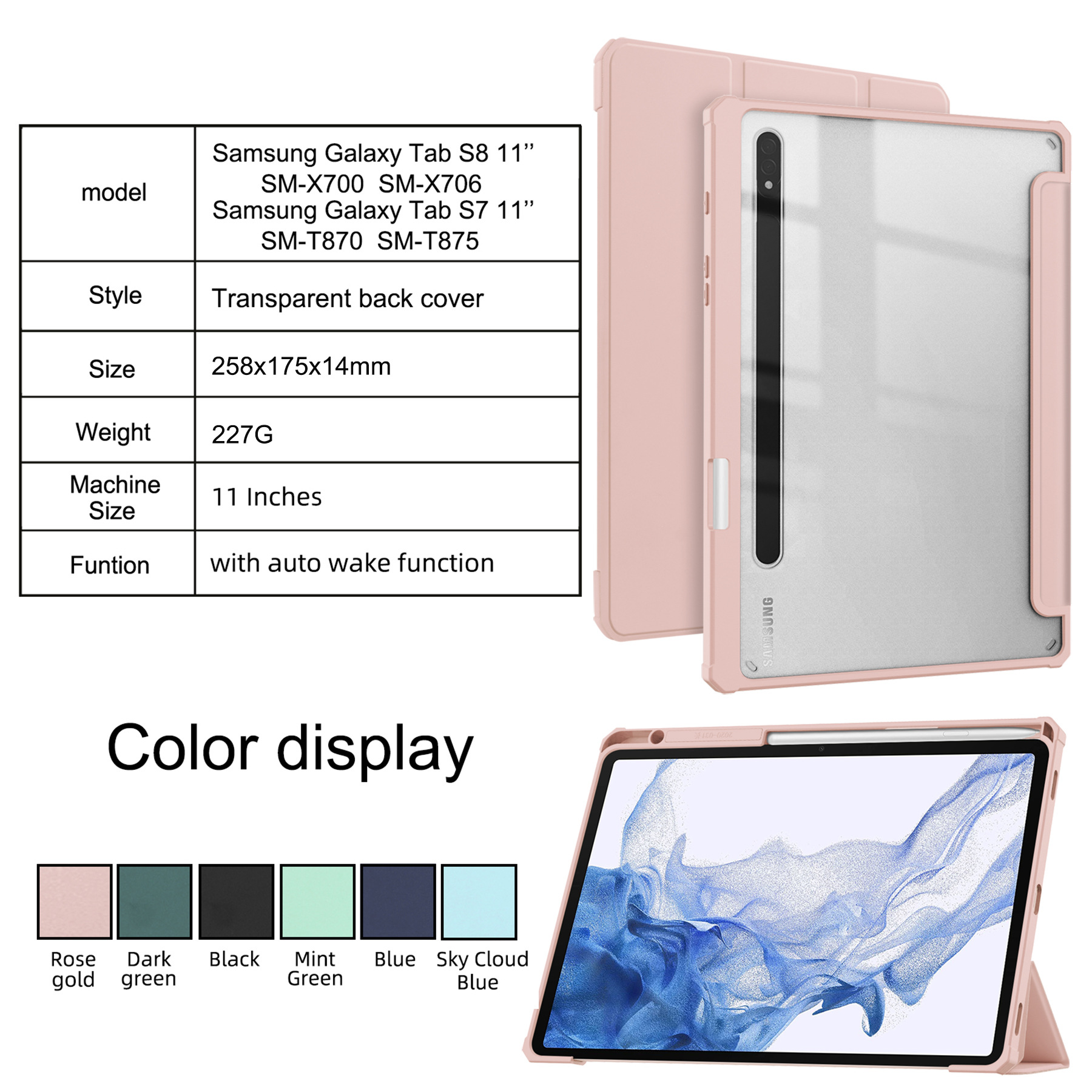 Tablet Case For Samsung Galaxy Tab S8 11'' SM-X700/SM-X706 with S Pen Holder, Shockproof Cover with Clear Back, Auto Wake/Sleep