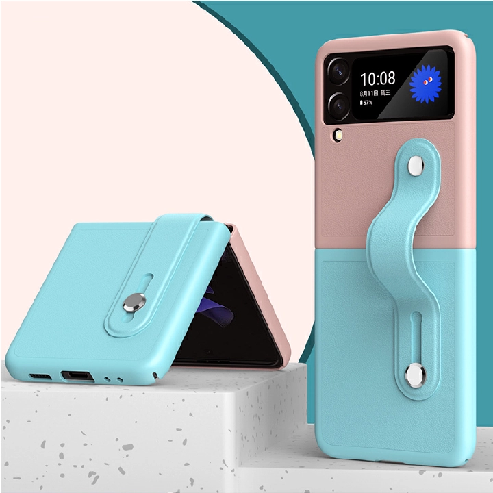Fashion Two Tone Leather Wristband Support Phone Case For Samsung Galaxy Z Flip 4/Z Flip 3, Anti Fall Protective Cover