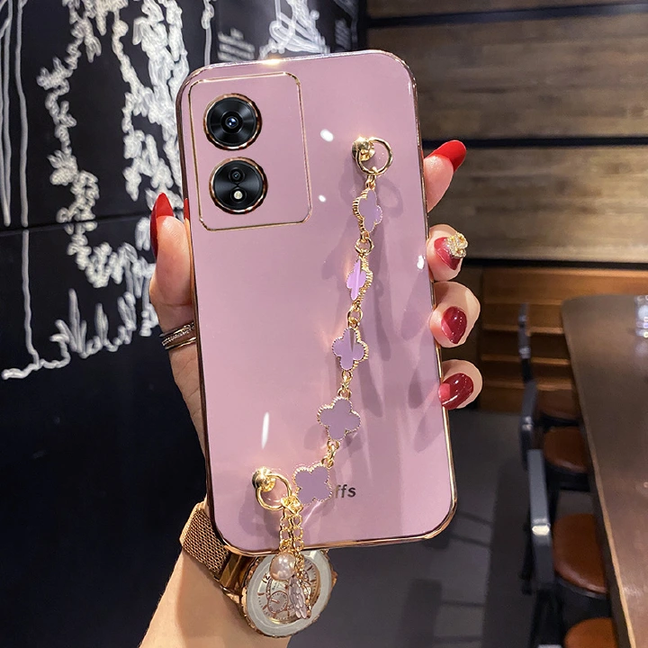 Phone Case for OPPO Reno 8 7 7Z 6 Pro 5 4 4Z 3 2 2Z Z A17 A57 A96 A76 A36 A16 A16K A93 A91 A72 A53 A55 A74 A54 A52 A72 Electroplating Soft Case Four-Leaf Clover Hand Chain Protective Case