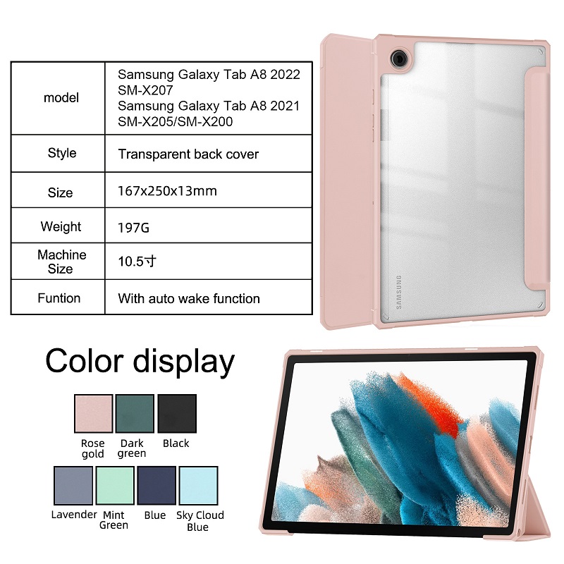 Tablet Case For Samsung Galaxy Tab A8 10.5 (2021) SM-X200 / SM-X205 Shockproof Cover with Clear Back, Auto Wake/Sleep