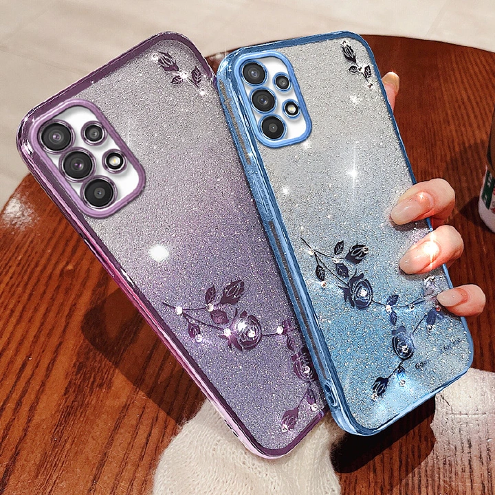 Fashion Electroplate Rhinestone Flowers Glitter Powder Phone Case For Samsung Galaxy A73 A53 A33 A23 A13 A72 A52 A32 A22 A12 A71 A51 A31 A21 A11 A71 A50 A50S A30S A30 A10 A21S A20S Protective Case