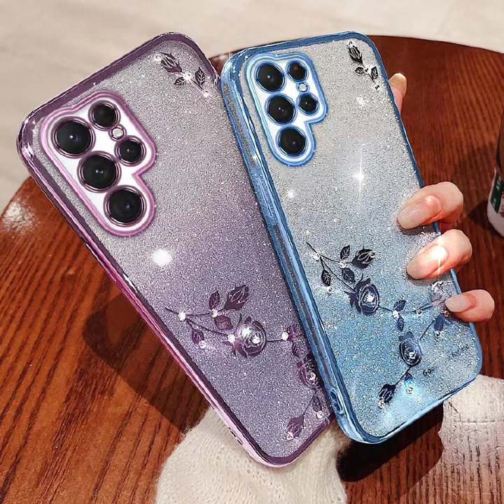 Fashion Electroplate Rhinestone Flowers Glitter Powder Phone Case For Samsung Galaxy S24 S23 S22 S21 S20 Ultra Plus FE S10 S9 Plus Note 20 Ultra 10 Plus Anti Fall Protective Case