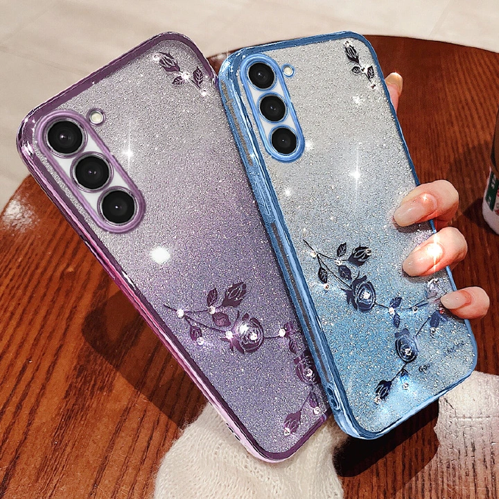 Fashion Electroplate Rhinestone Flowers Glitter Powder Phone Case For Samsung Galaxy M54 F14 M14 F13 F23 M13 M23 M52 M53 A54 A34 A24 A14 M30S M21 M31S M31 Prime M32 A7 A750 Protective Case