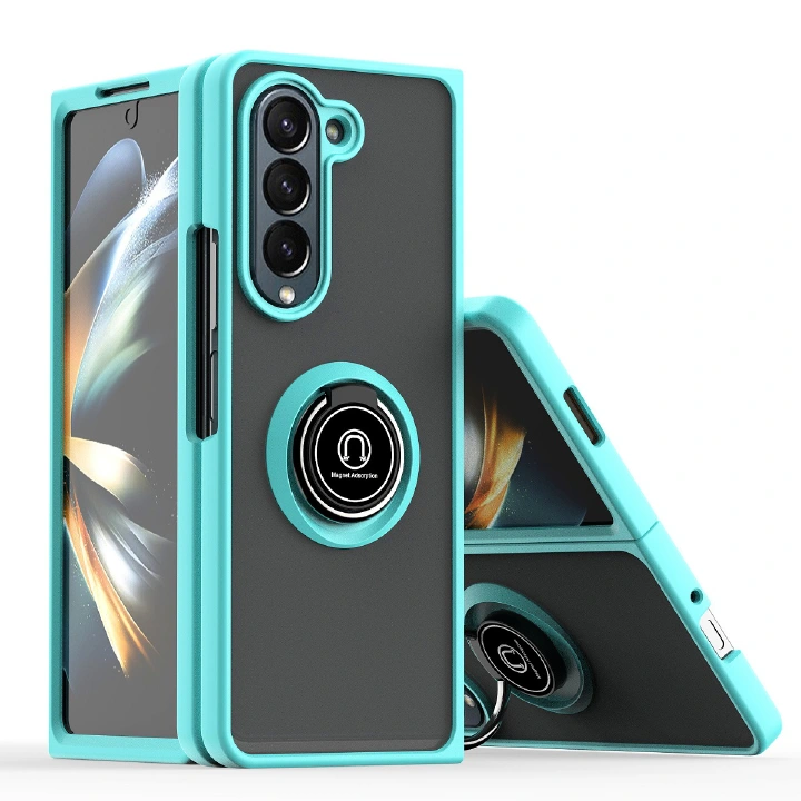 Fashion Matte Case for Samsung Galaxy Z Fold6/ Z Fold5 Transparent Silicone+PC Metal Ring Stand Shockproof Phone Back Cover Z Fold5