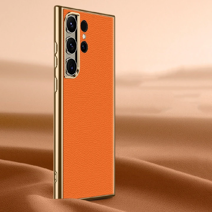 New Style Phone Case For Samsung Galaxy S23 S22 Ultra Plus Electroplated High End Luxury Lychee Grain Leather Metal Lens Anti Fall Protective Cover