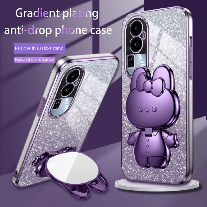 Luxury Electroplating Rabbit Mirror Bracket Phone Case For OPPO A98 A78 A38 A18 A58 A57 A77 A76 A96 A17 A93 A73 A92 A55 A54 Reno10 9 8 8T 7 6 6Z 5 4 3 Glitter Powder Protective Case