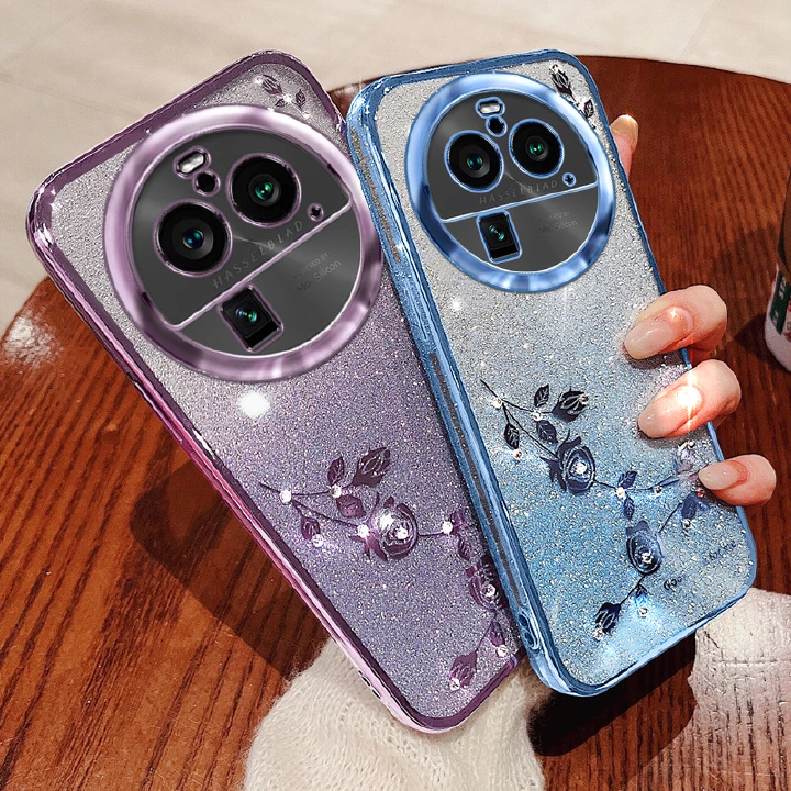 Fashion Electroplate Rhinestone Flowers Glitter Powder Phone Case For OPPO Find X6 X5 X3 Pro X5 X3 Lite A18 A38 A78 A58 A77 A57 A77S A57S A96 A17 A17K A76 A55 A54 A74 A95 A94 A53 Protective Case