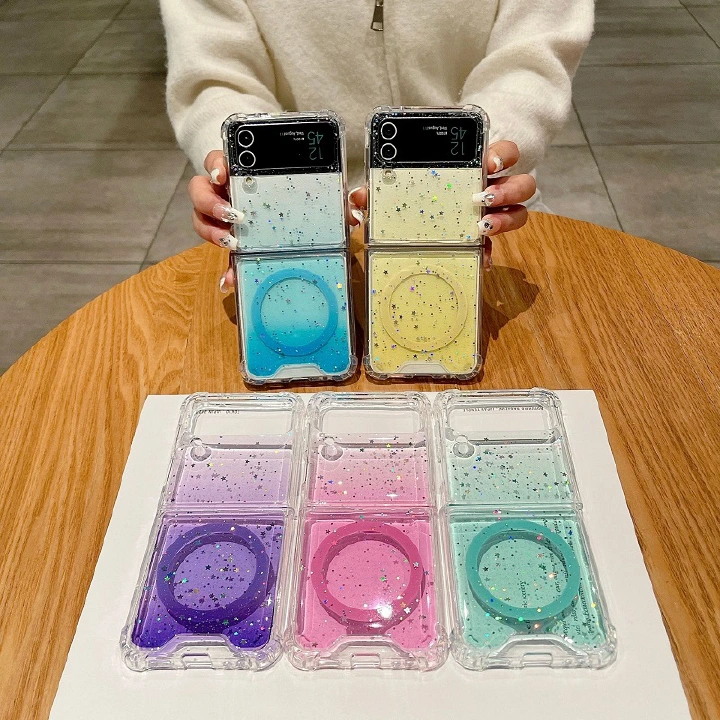 Phone Case For Samsung Galaxy Z Flip 4/5/3 Glitter Magnetic Transparent Gradient Soft Gel Full Cover