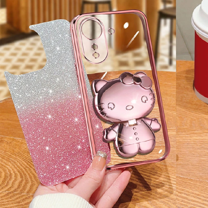 Electroplating Rabbit Mirror Bracket Cover For Xiaomi Redmi 13C 12C 12 10C 10 10A 9C 9A 9 A2 Plus Glitter Powder Protective Case