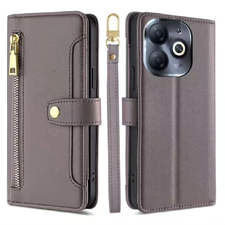 Fashion Multifunctional Zipper Leather Sheath Lanyard Flip Cover For Infinix Smart 8 4G, Smart 8 HD, Shockproof Protection Stand Holder Magnetic PU Leather Case