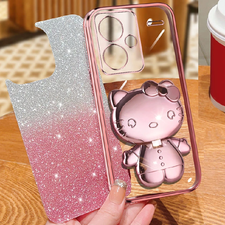 Luxury Electroplating Rabbit Mirror Bracket Phone Case For Xiaomi Redmi Note 13 Pro 12 Pro+ 12 11 10 9 Pro Max 12S 11S 10S 9S Glitter Protective Cover