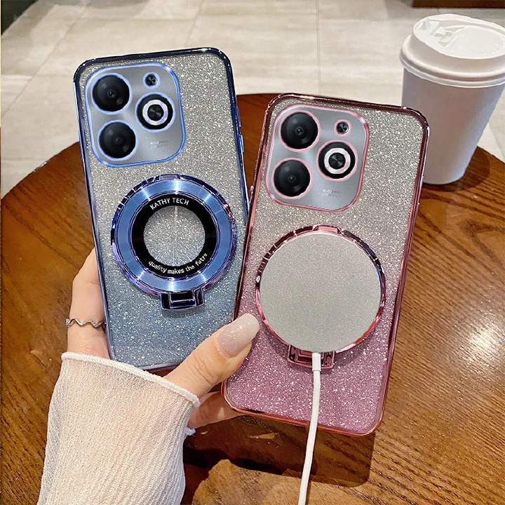 Magnetic Support Electroplate Phone Case For Tecno Spark 20 Pro Plus 10C 20 GO 8C 9 Infinix Smart 8 7 6 5 Glitter Powder Protective Cover
