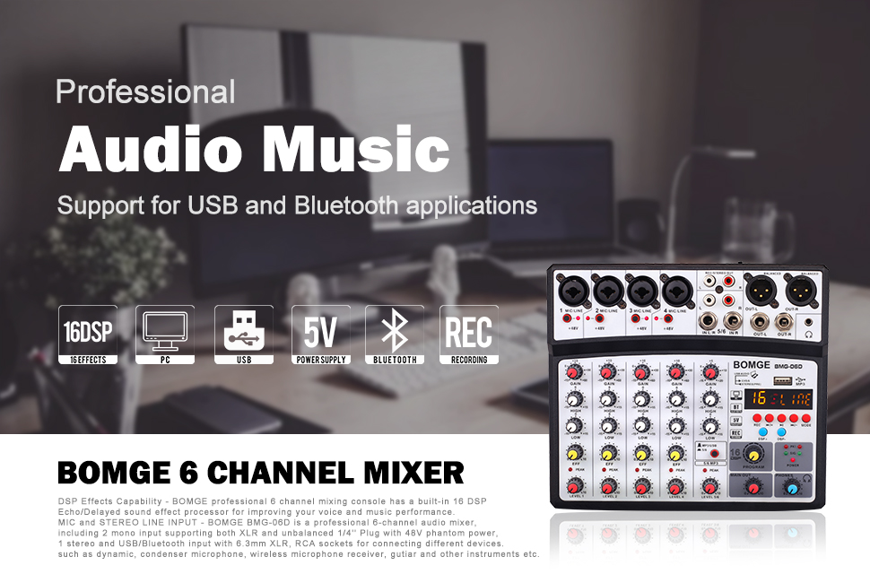 BOMGE 4 Channel DJ Bluetooth Audio Mini Mixer with Effects, USB, White