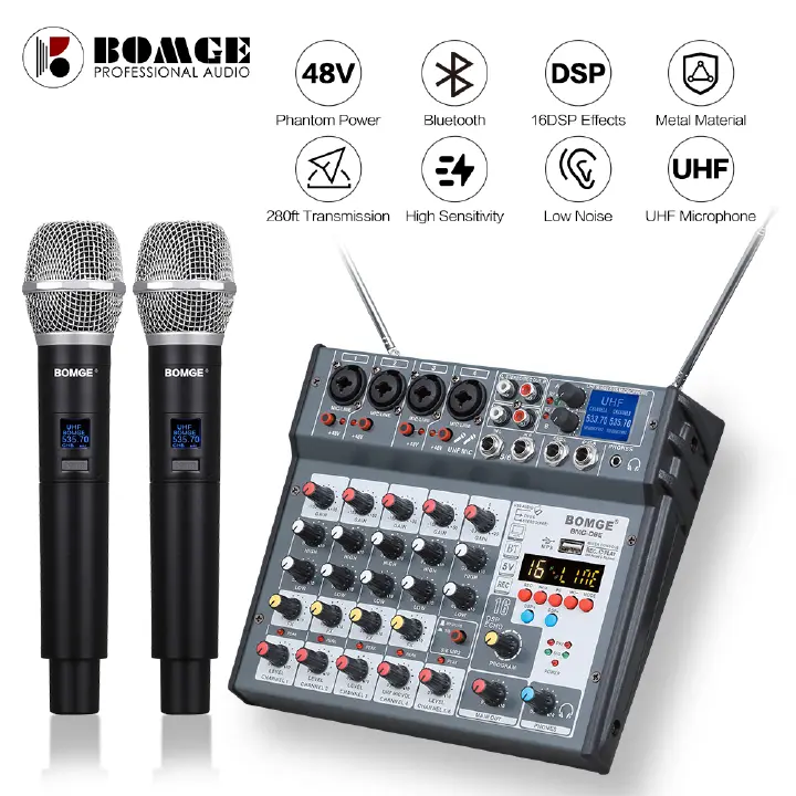BOMGE 6 channel Audio DJ Console Mixer Soundcard with 2 UHF Wireless Microphone h,MP3 ,USB Bluetooth, 48V phantom for Home Studio Recording DJ Network Live Karaoke 16 Echo/Delay